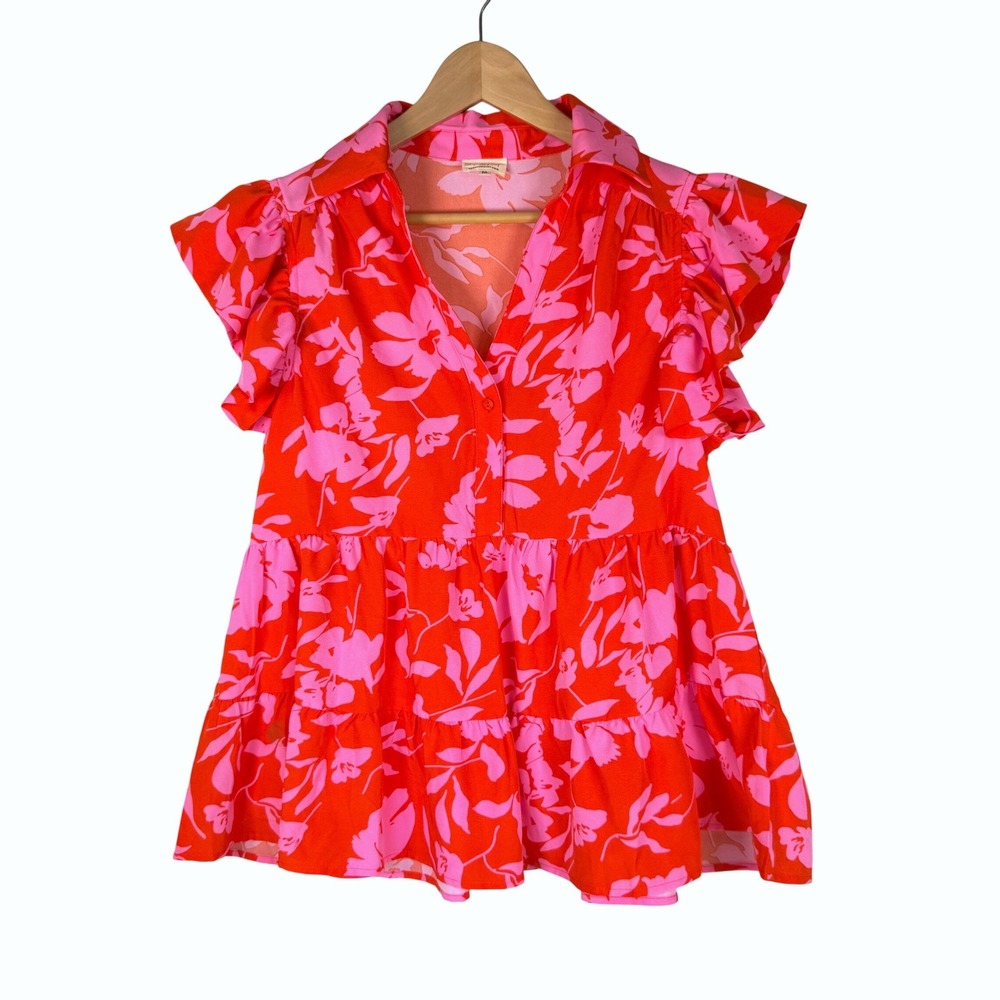 Shop the Mint Pink Red Floral Babydoll Tiered Ruffle Sleeve Blouse Size M